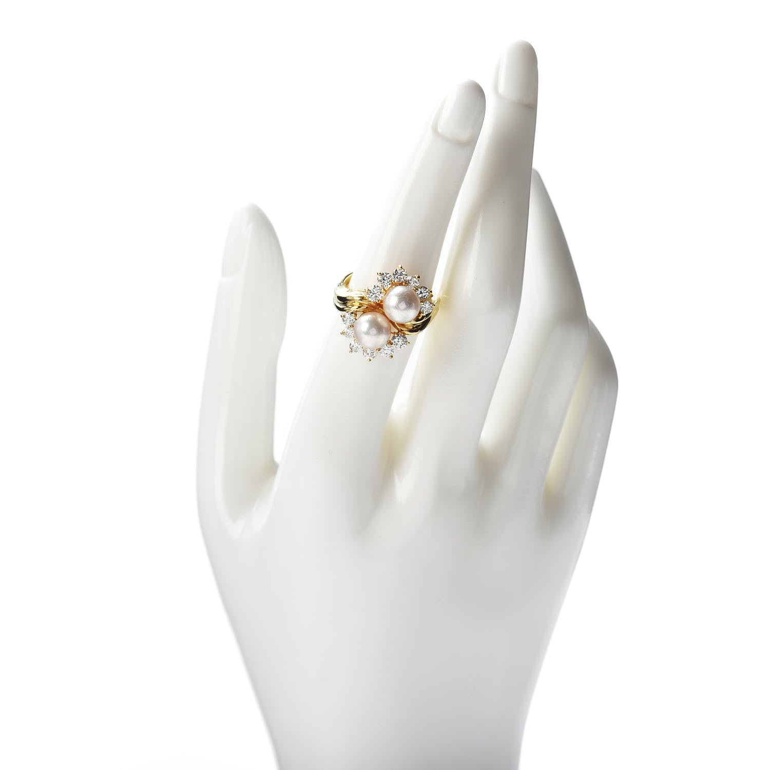 Tiffany 18K Yellow Gold Diamond Double Pearl Cocktail Ring 53 6.5 2 of 5