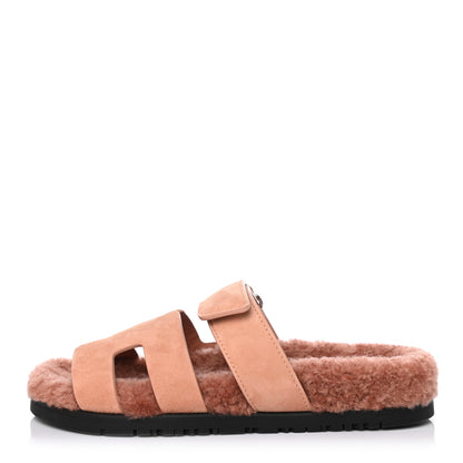 Hermes Suede Goatskin Woolskin Womens Chypre Sandals 37.5 Rose Aube 1 of 4