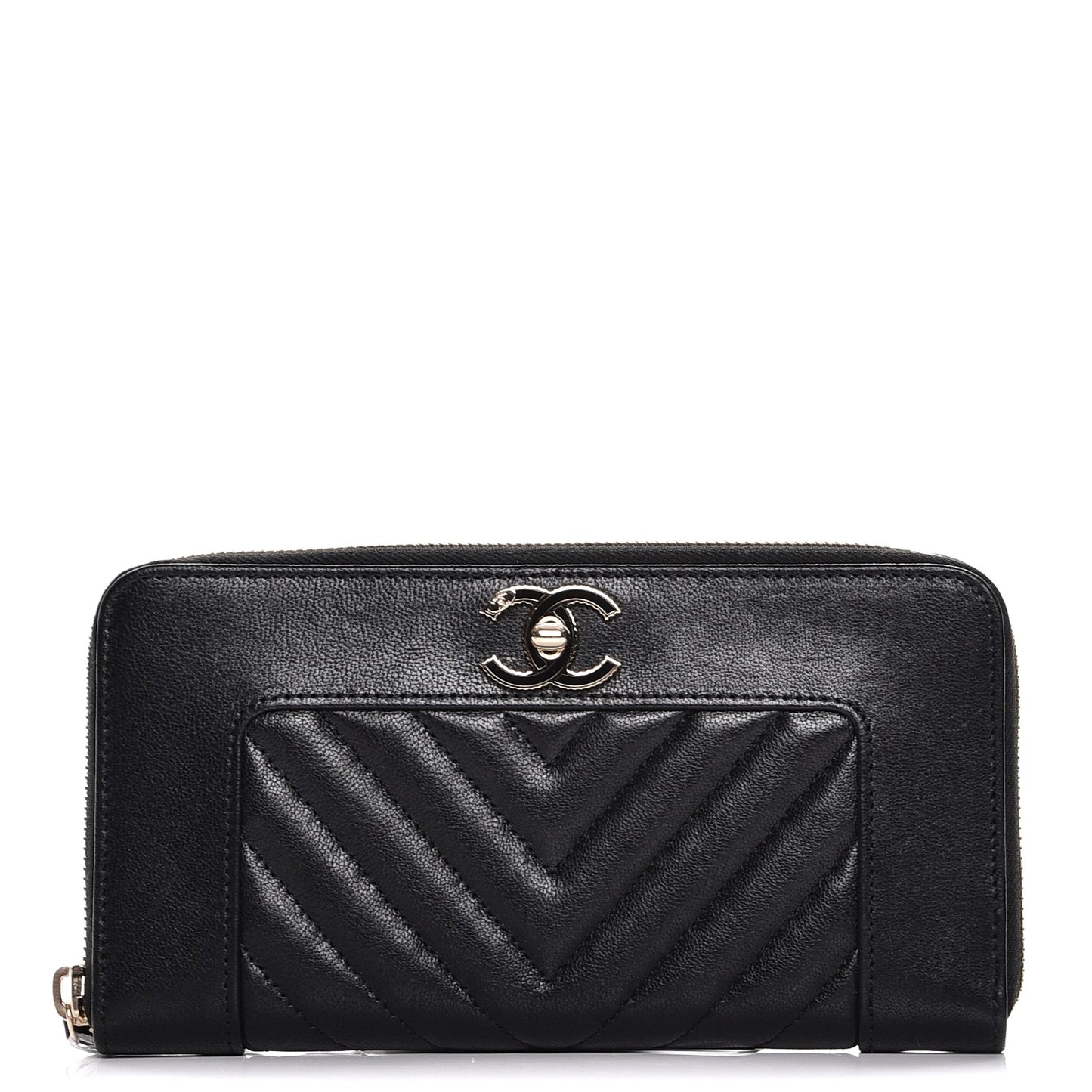 Sheepskin Chevron Quilted Zip Around Wallet Black