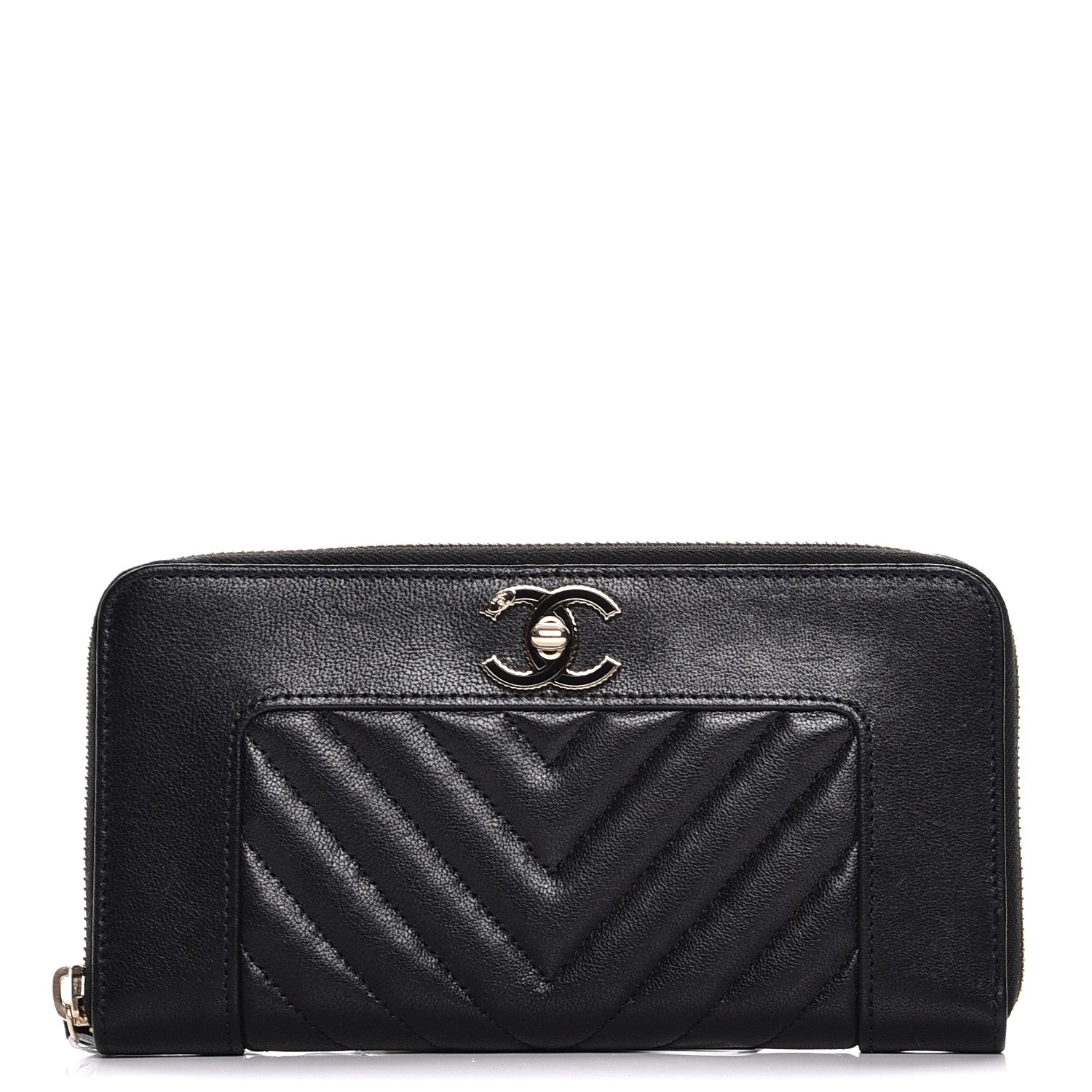 Chanel Sheepskin Chevron Quilted Zip Around Wallet Black 1 of 9