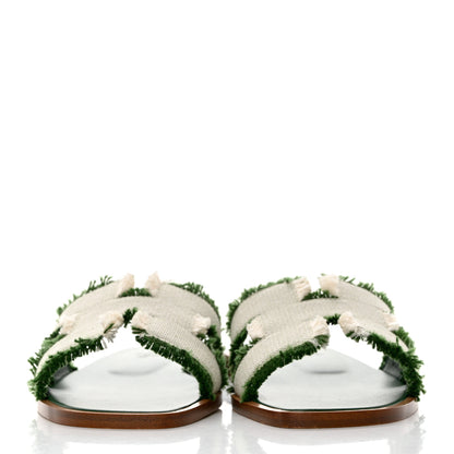 Hermes Toile H Oran Fringe Sandals 35 Vert 2 of 9