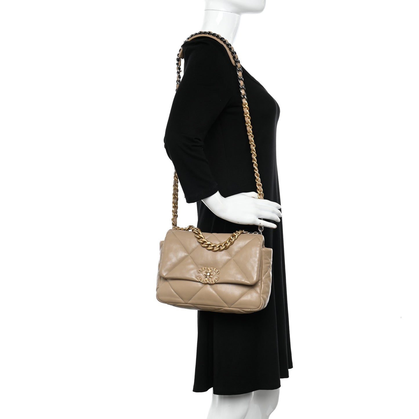 Lambskin Quilted Medium Chanel 19 Flap Dark Beige