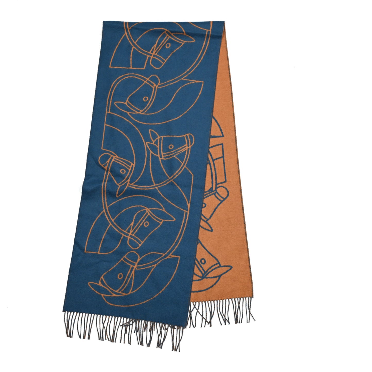 Cashmere Casaque Entrelacs Equestres Muffler Bleu Pilote Camel