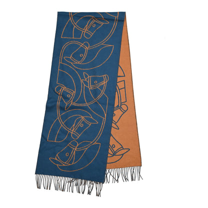 Hermes Cashmere Casaque Entrelacs Equestres Muffler Bleu Pilote Camel 2 of 5