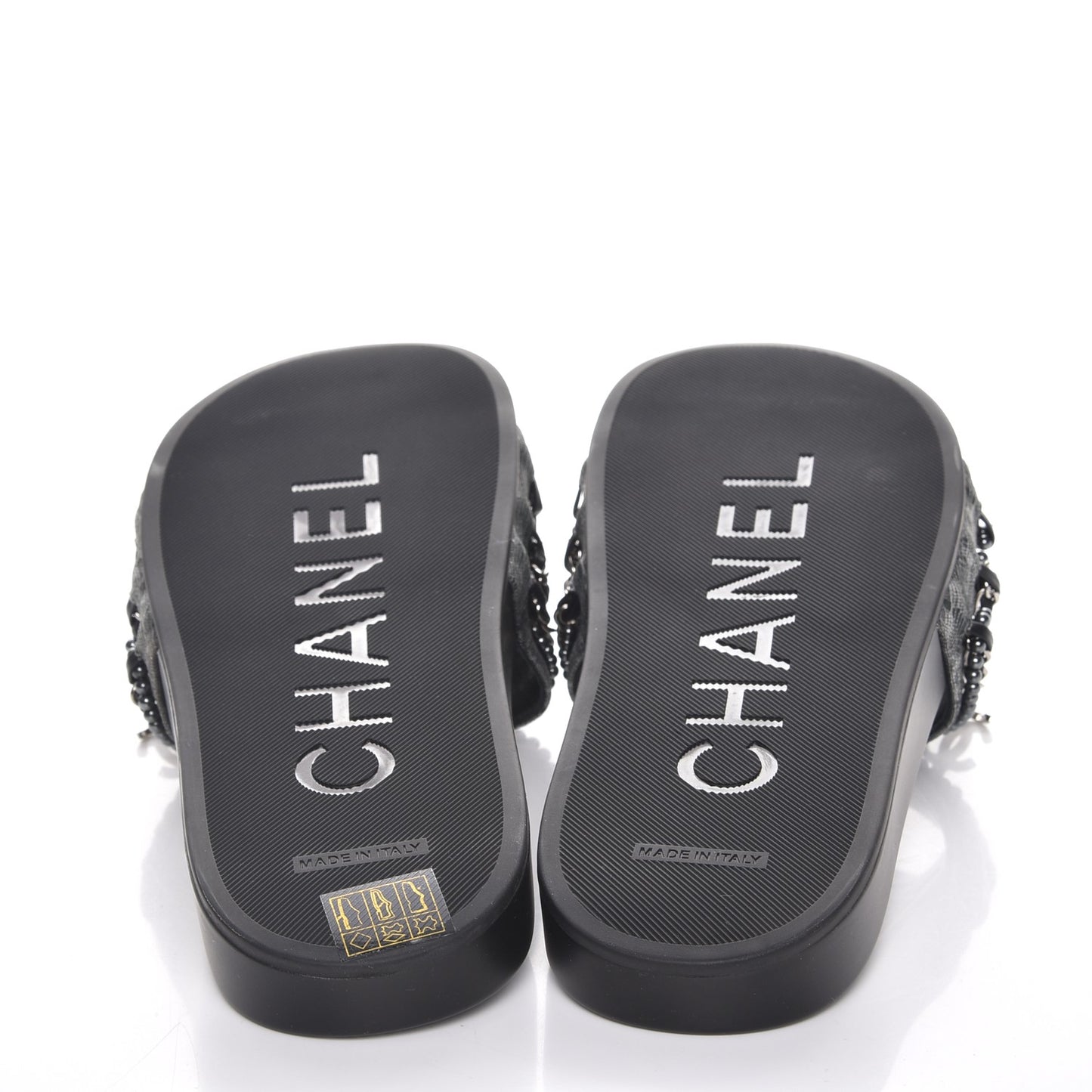 Fantasy Lambskin Pearl Chain CC Flat Mules 42 Silver Black
