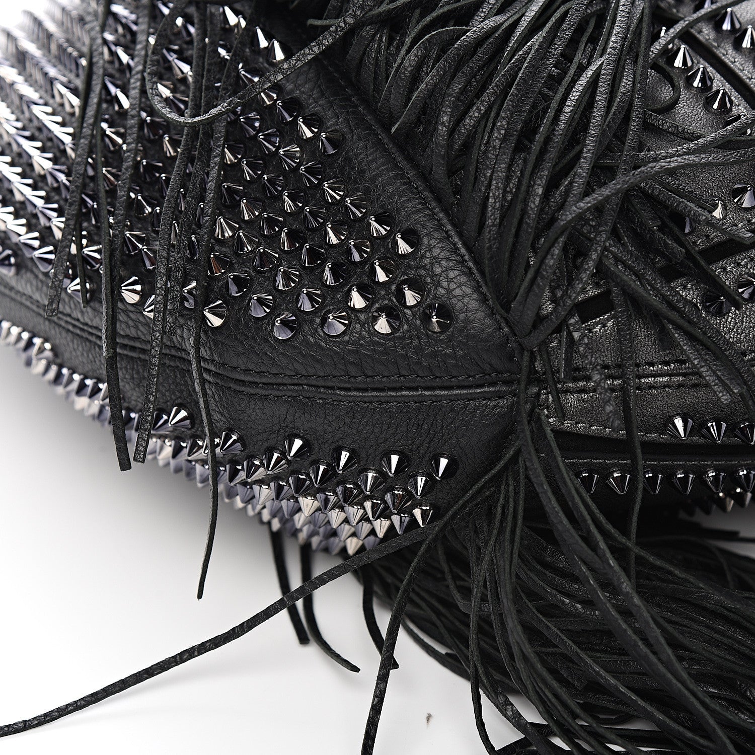 Christian Louboutin Metallic Sheepskin Spikes Fringed Lucky L Hobo Anthracite 6 of 8