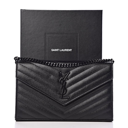Saint Laurent Grain De Poudre Matelasse Chevron Monogram Chain Wallet Black 10 of 10