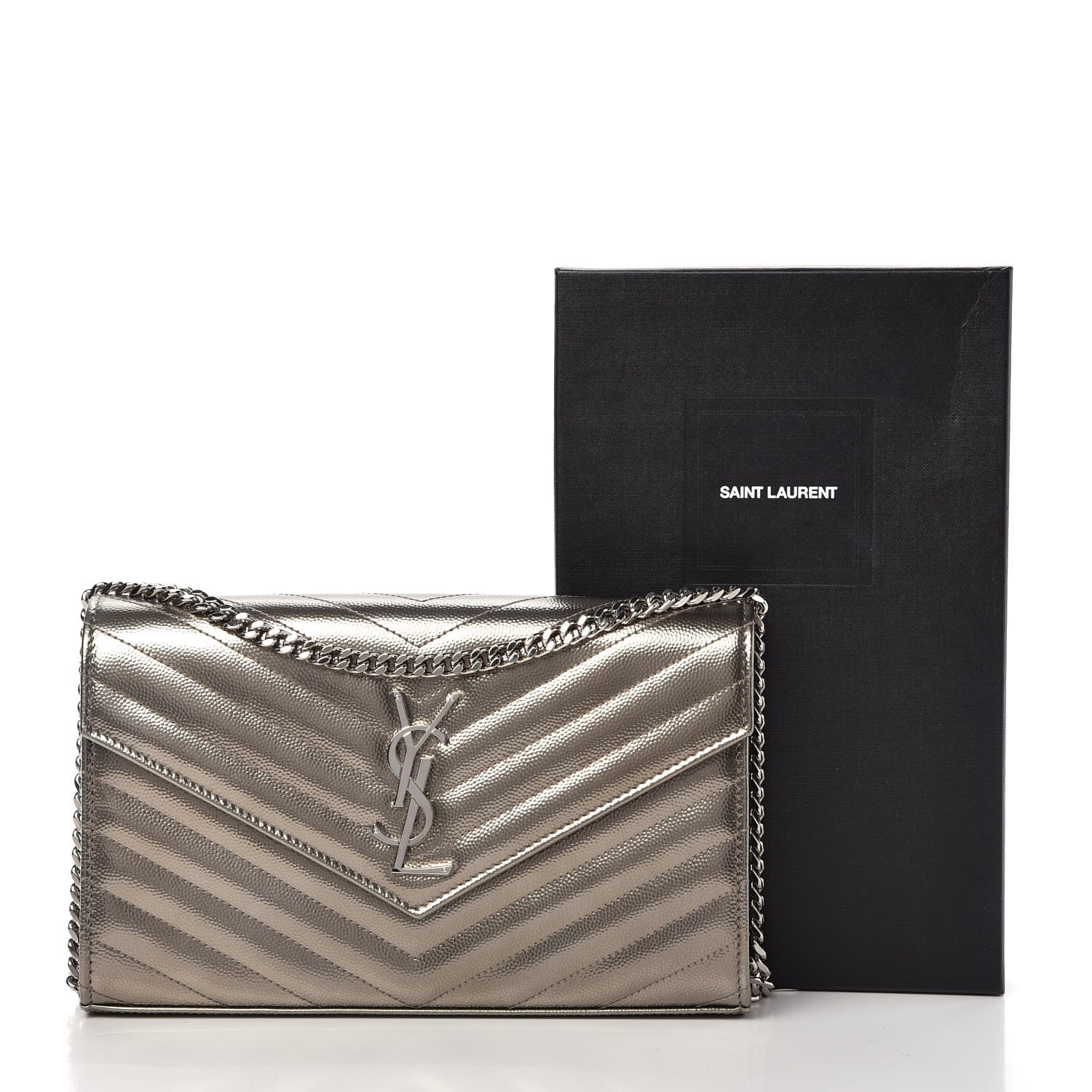 Saint Laurent Metallic Grain De Poudre Matelasse Chevron Monogram Chain Wallet Piombo 10 of 10