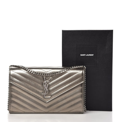 Saint Laurent Metallic Grain De Poudre Matelasse Chevron Monogram Chain Wallet Piombo 10 of 10