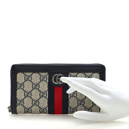 Gucci GG Supreme Monogram Textured Dollar Calfskin Web Ophidia Zip Around Wallet Beige Blue 2 of 6