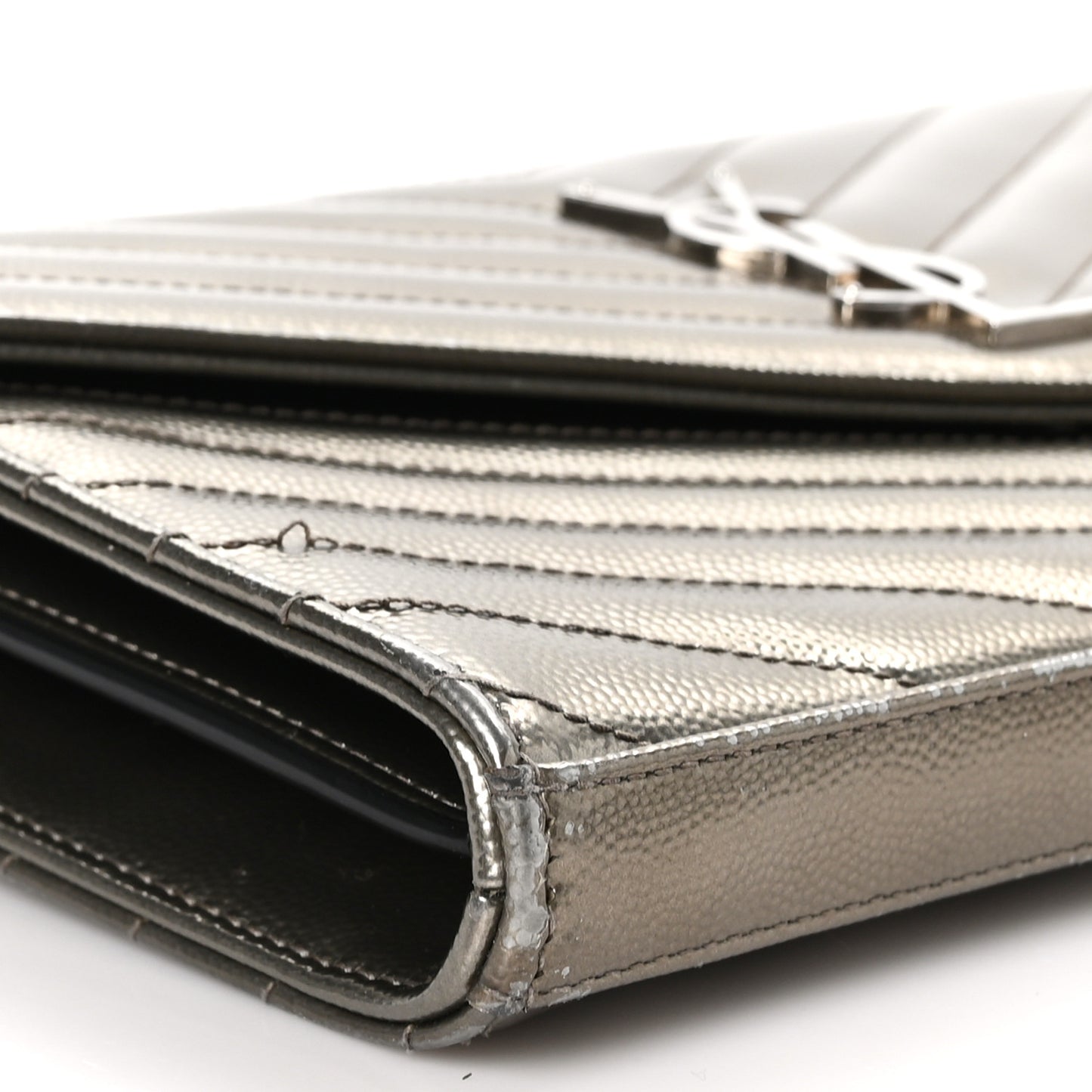 Metallic Grain De Poudre Matelasse Chevron Monogram Envelope Chain Wallet Piombo