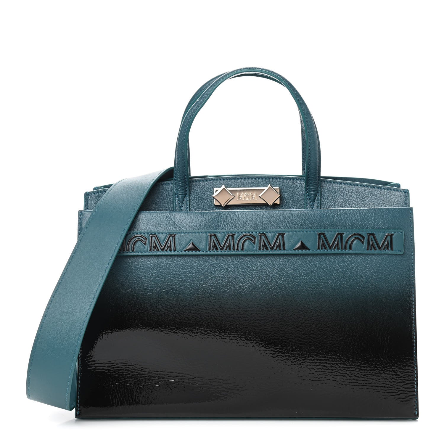 MCM Patent Goatskin Medium Milano Tote Deep Lagoon Black 1 of 9