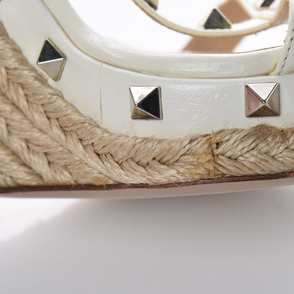 Valentino Garavani Raffia Calfskin Rockstud T-Strap Espadrille Wedge Sandals 36 White 9 of 12