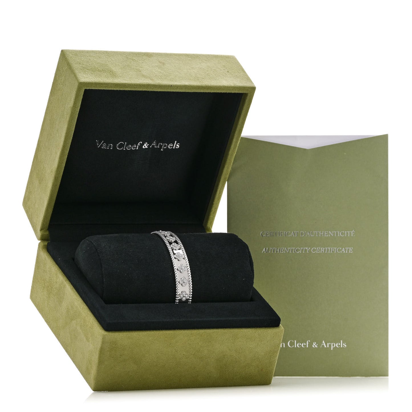 18K White Gold Diamond Perlee Clovers Bangle Bracelet M