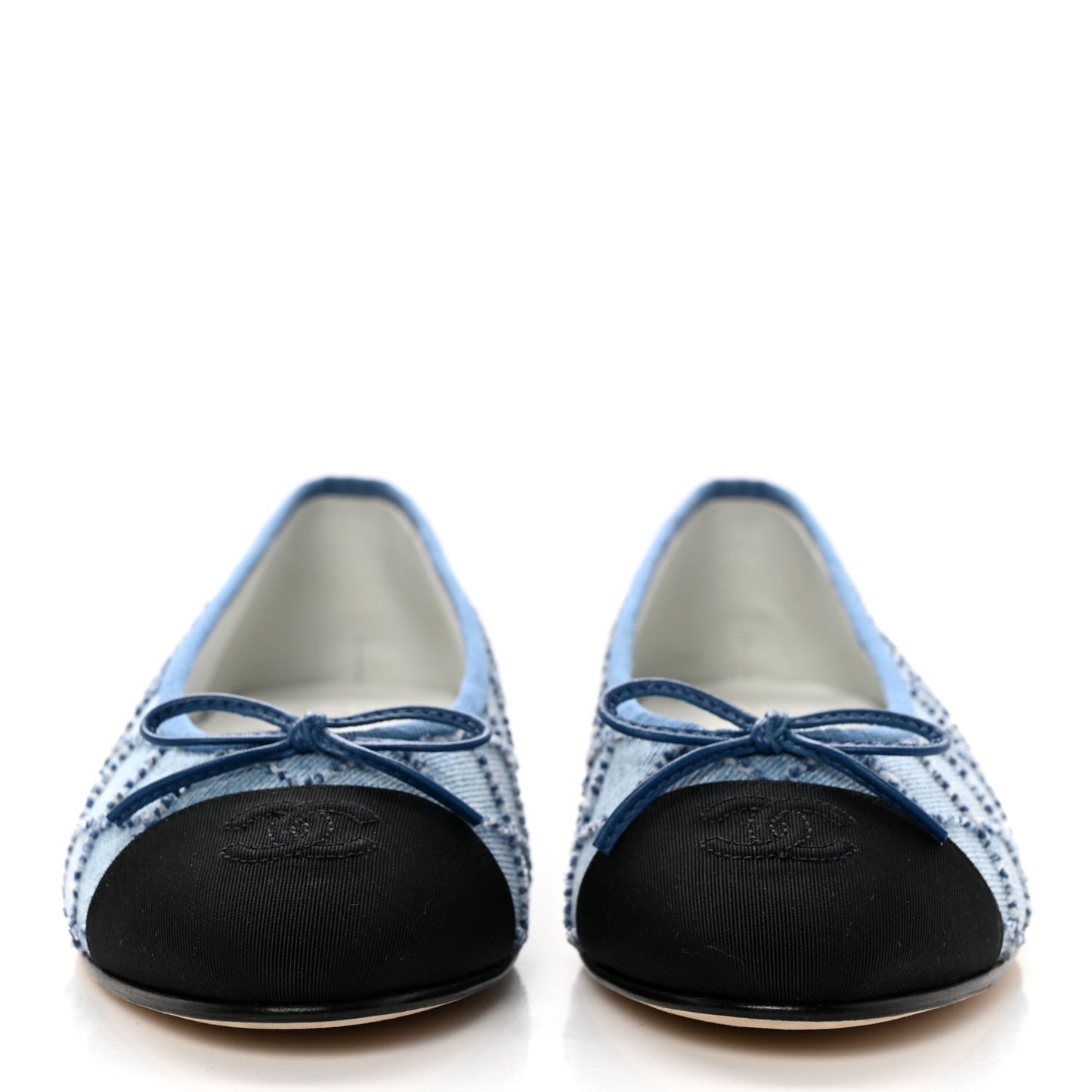 Denim Embroidered Grosgrain CC Cap Toe Ballerina Flats 39.5 Blue Black