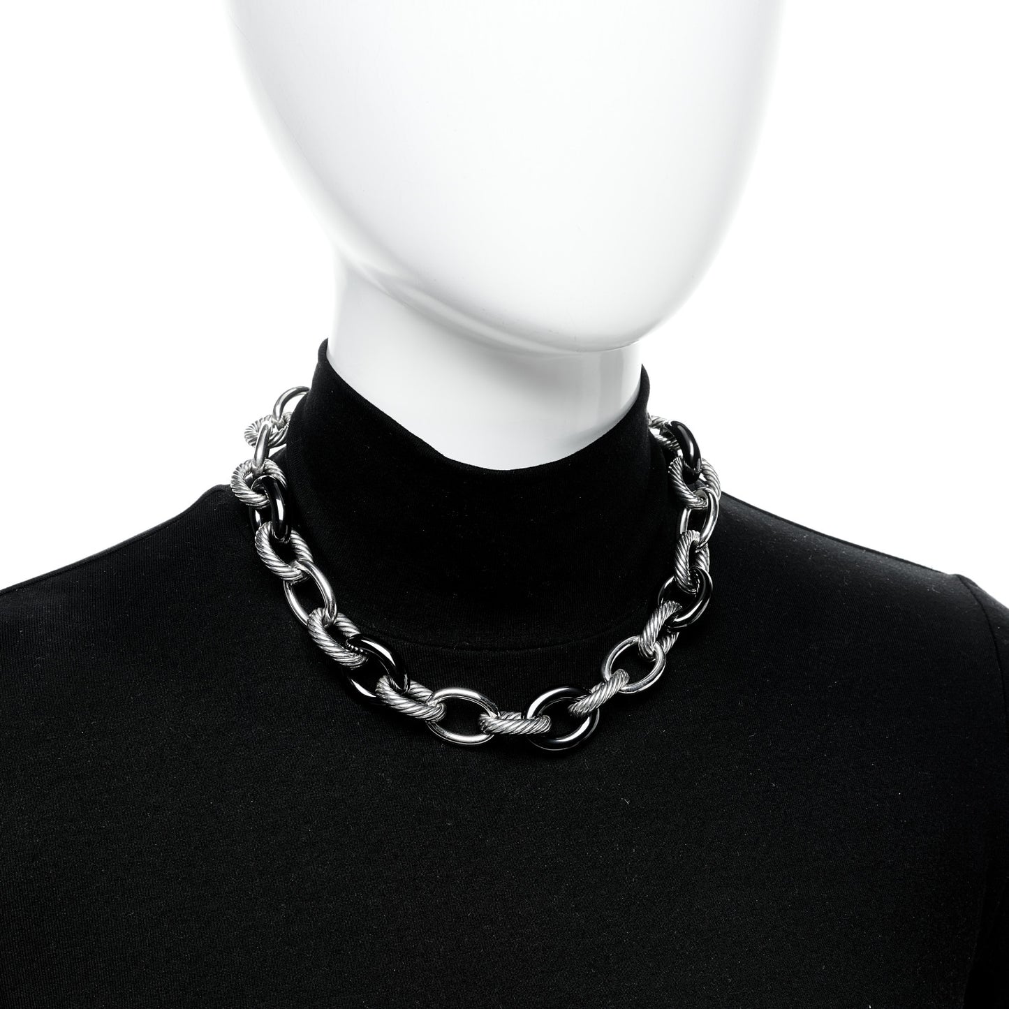 Sterling Silver Black Ceramic 18mm Large Oval Link Necklace Black