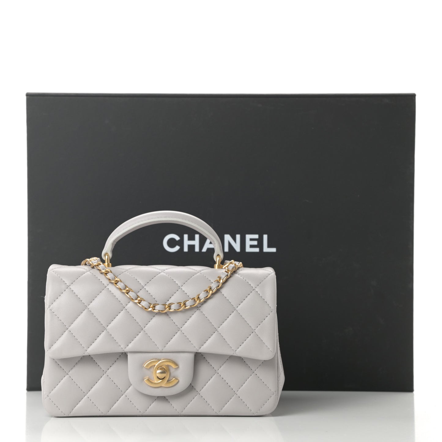 Lambskin Quilted Mini Top Handle Rectangular Flap Grey