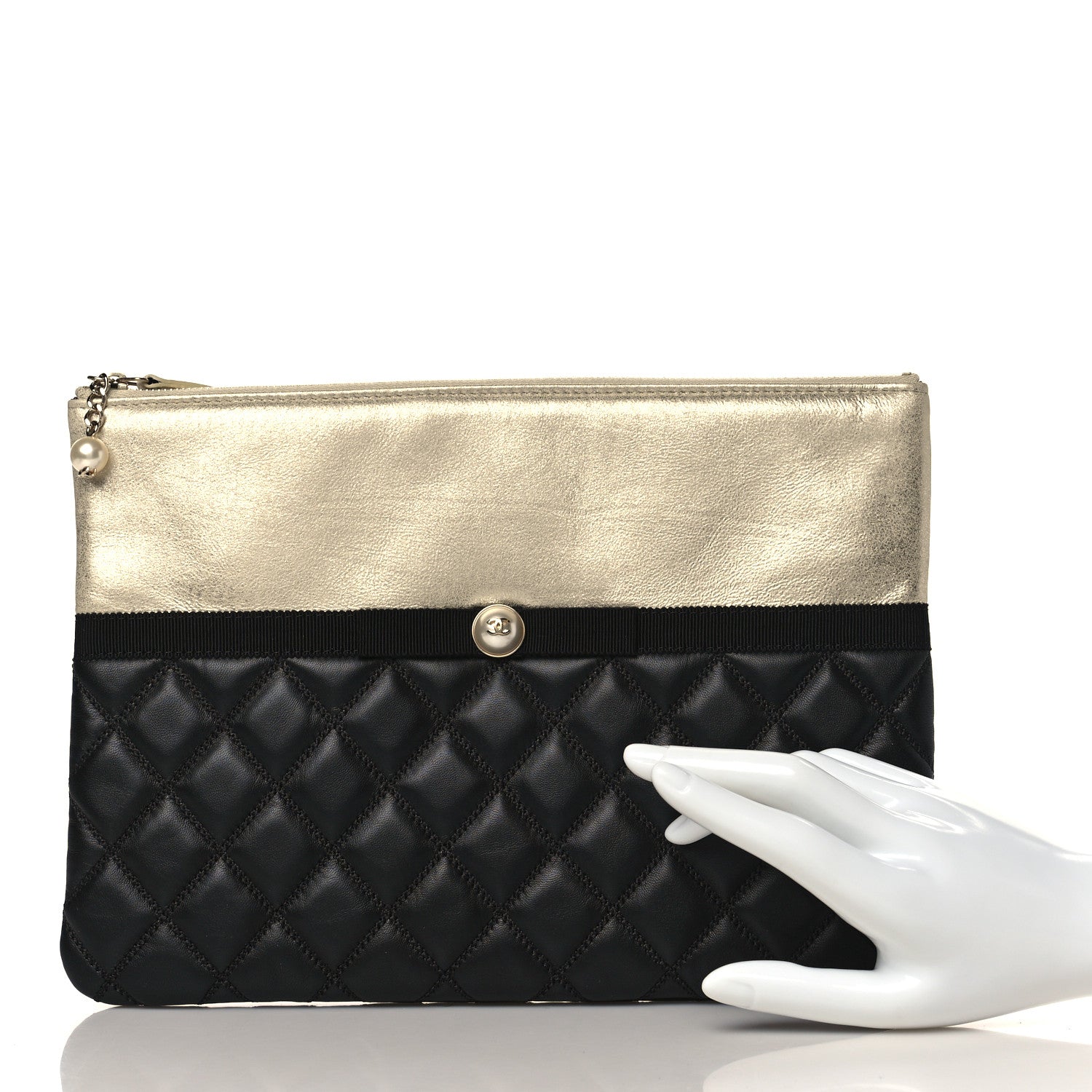 Chanel Metallic Goatskin Lambskin Grosgrain Pearl CC Medium Cosmetic Case Black Gold 2 of 10