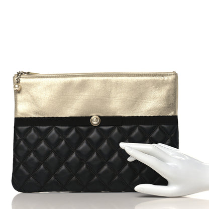 Chanel Metallic Goatskin Lambskin Grosgrain Pearl CC Medium Cosmetic Case Black Gold 2 of 10