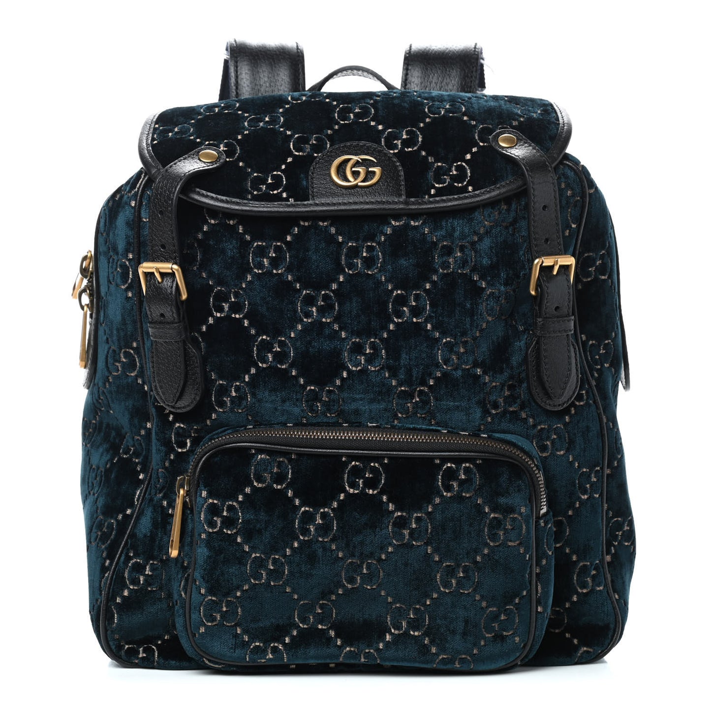 Velvet GG Monogram Textured Calfskin Web Small Double Buckle Backpack Blue Beige Black