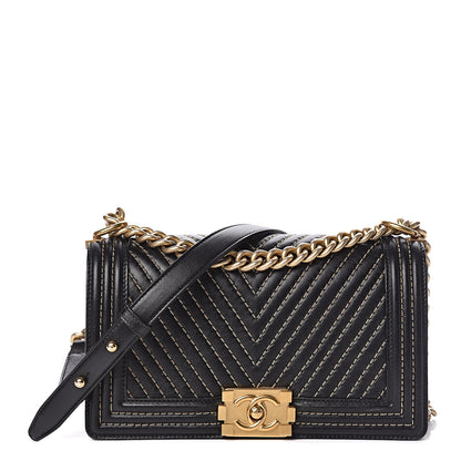Chanel Calfskin Chevron Quilted Contrast Stitch Medium Boy Flap Black 1 of 12