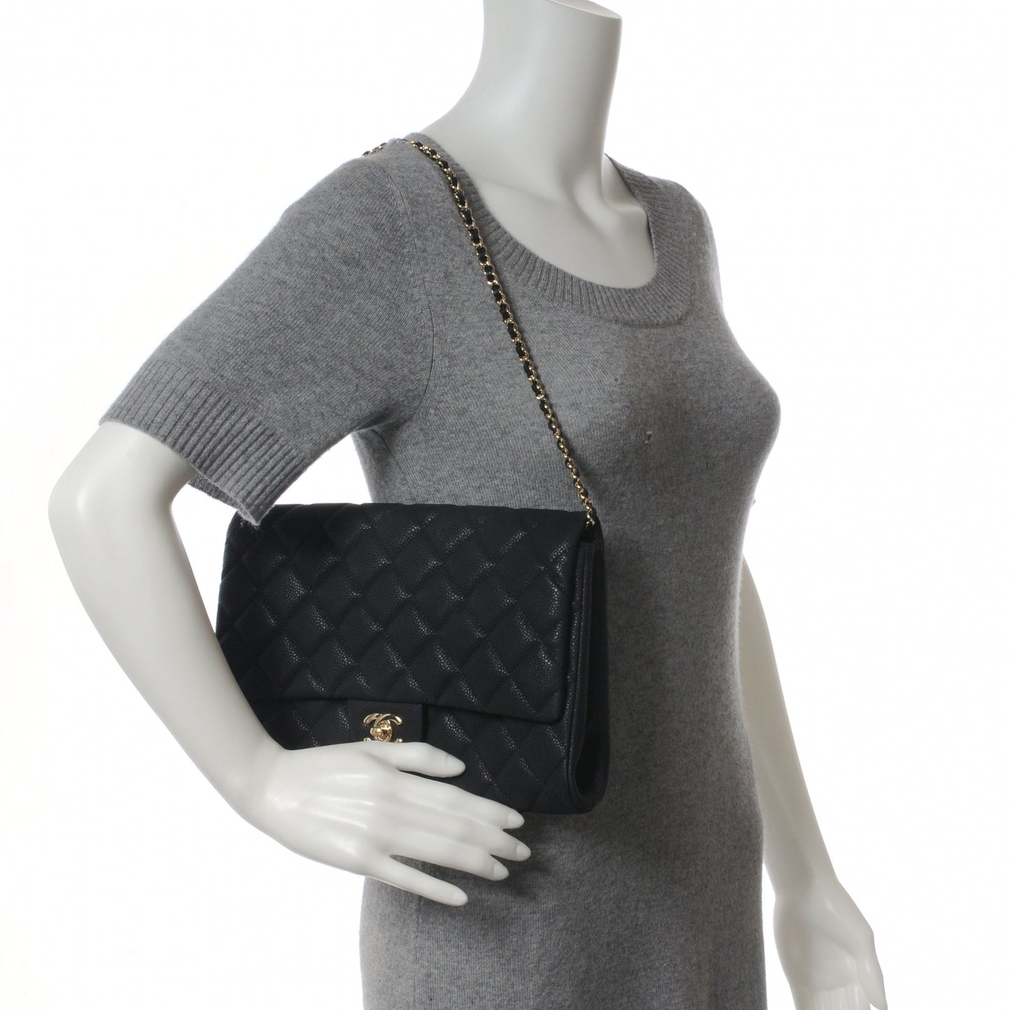 Iridescent Caviar Flap Clutch Bag Black