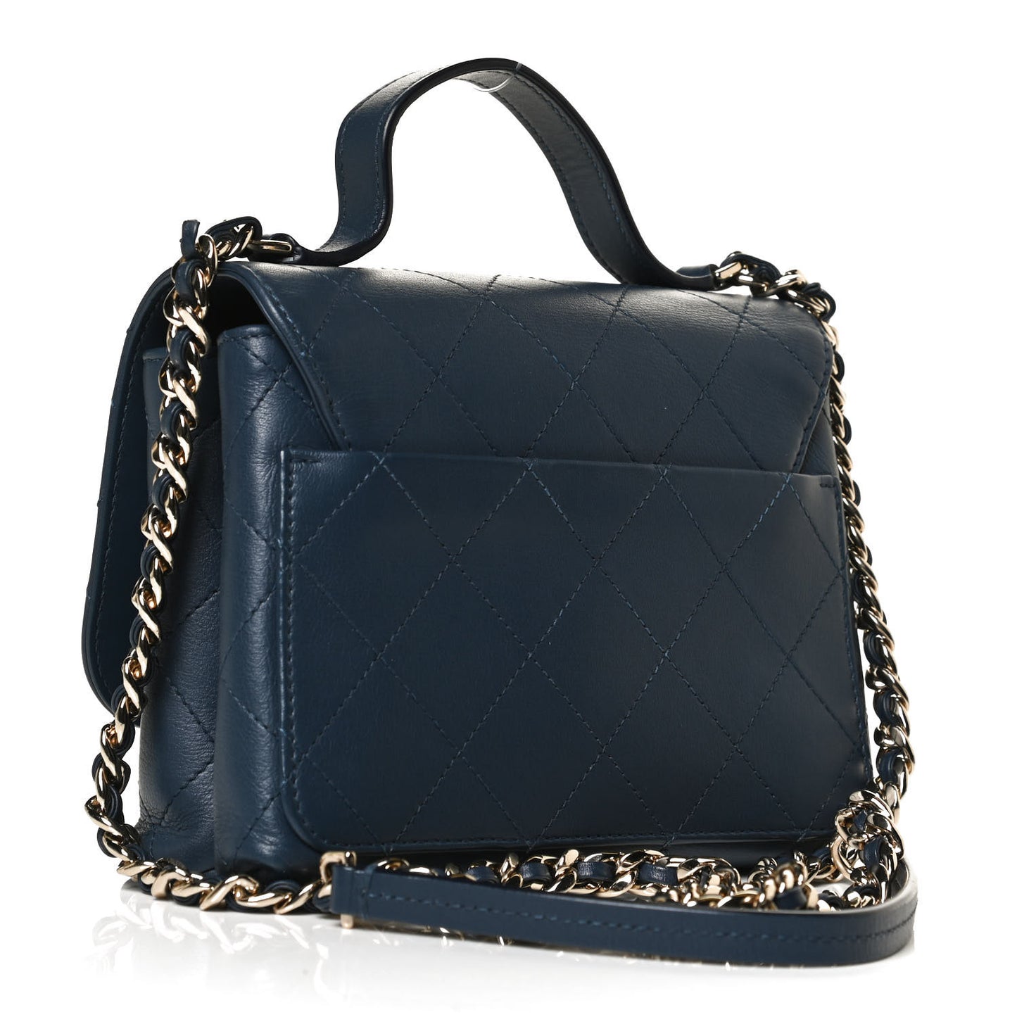 Calfskin Quilted Small Double Pocket Top Handle Flap Blue