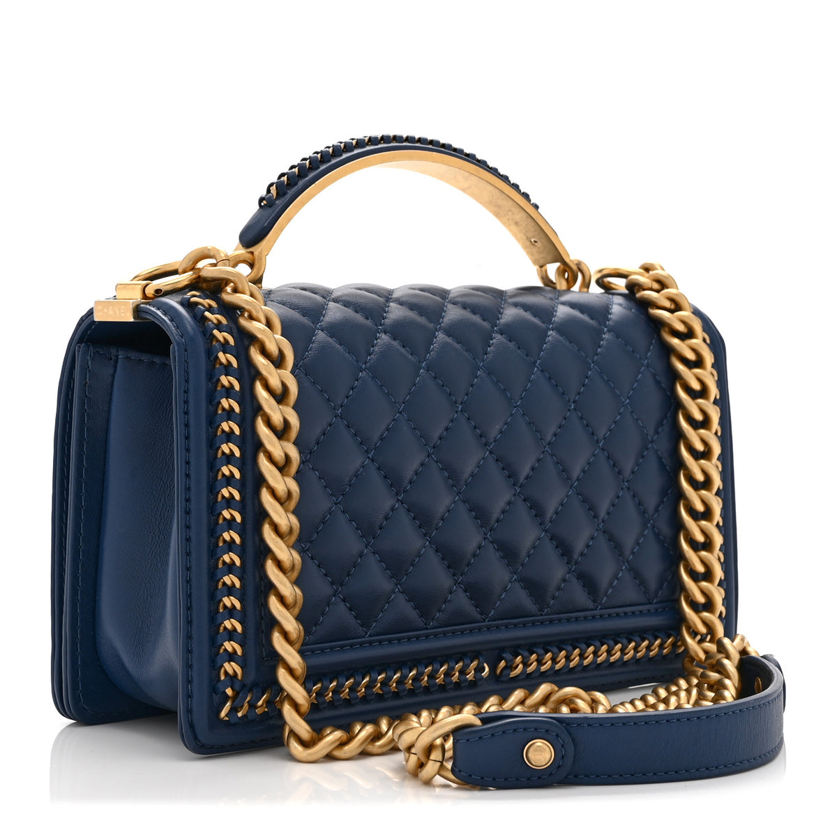 Lambskin Quilted Medium Top Handle Boy Flap Blue