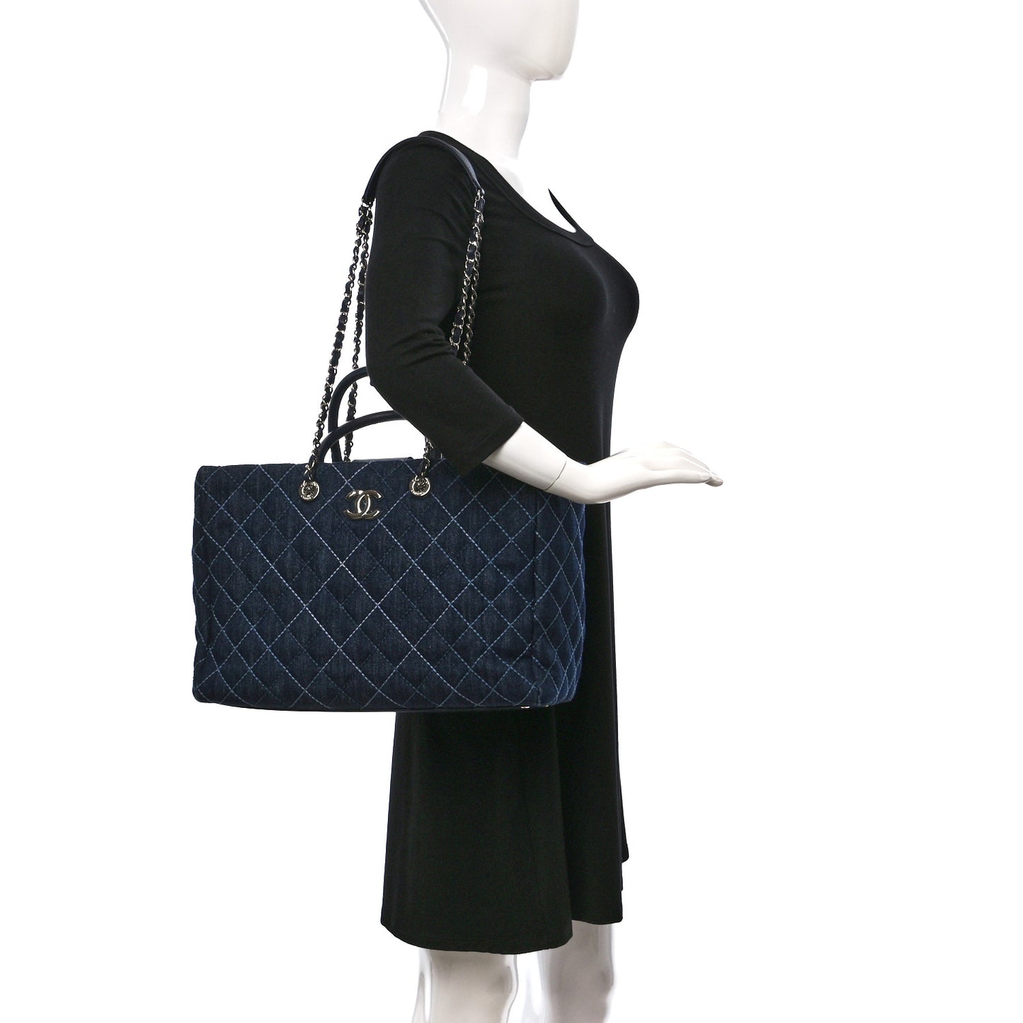 Denim Quilted Large Coco Handle Shopping Tote Blue