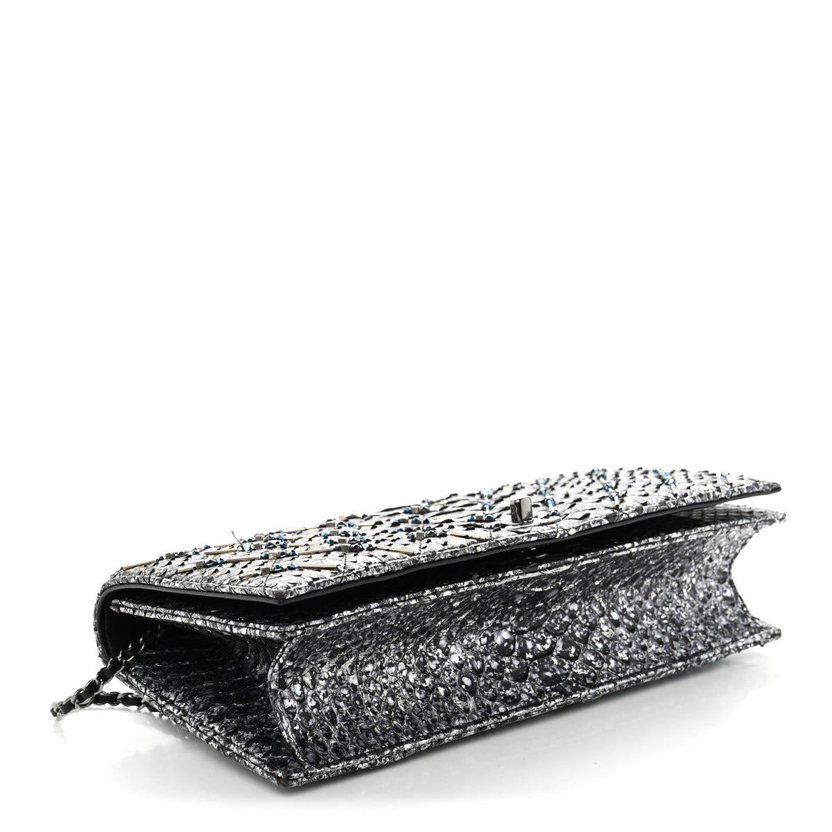 Metallic Snakeskin Quilted Beaded Chain Clutch Black Silver