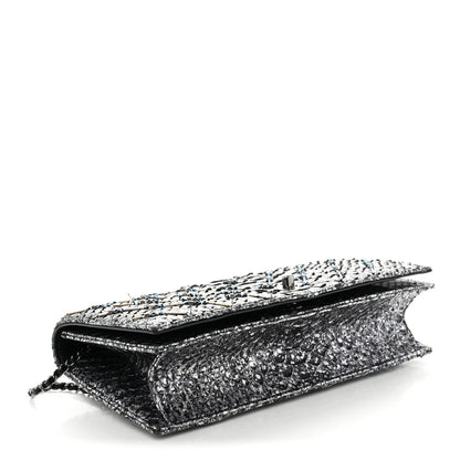 Chanel Metallic Snakeskin Quilted Beaded Chain Clutch Black Silver 9 of 23