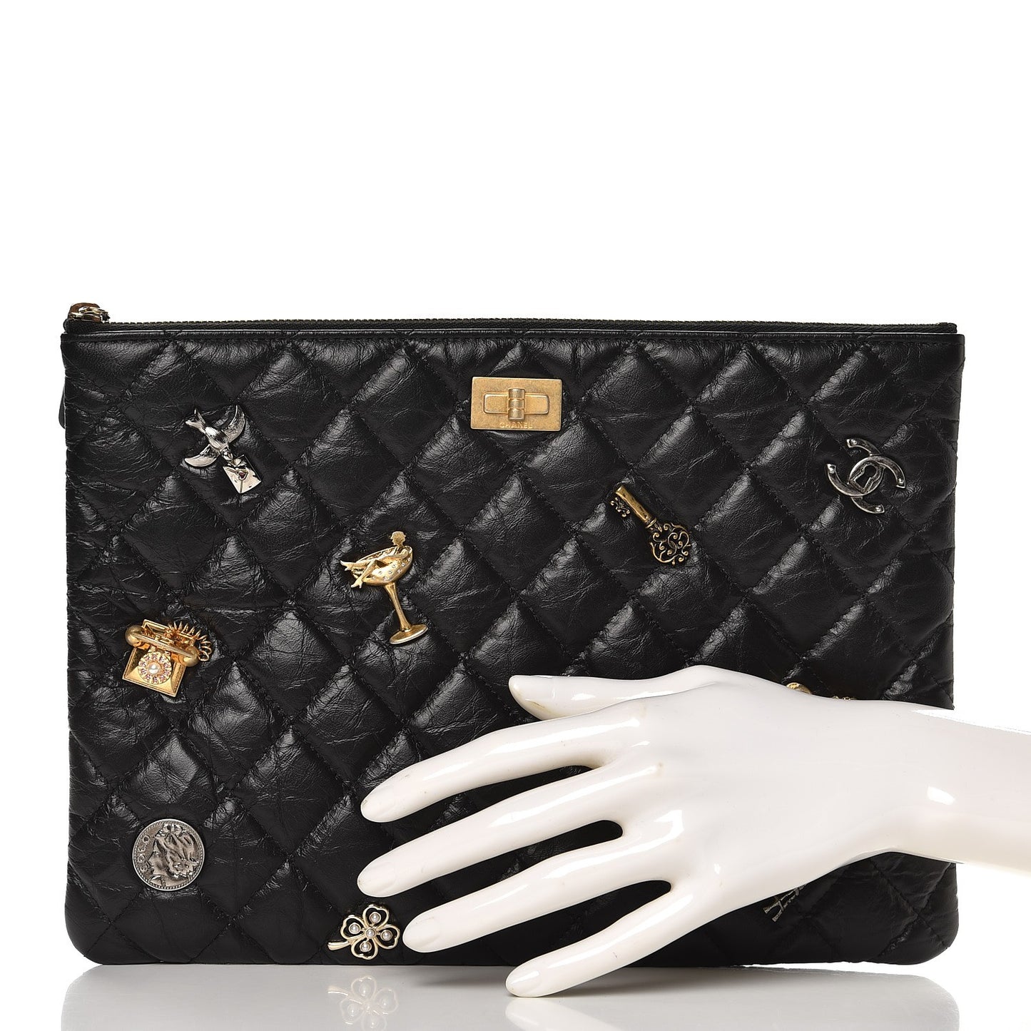Aged Calfskin Quilted Medium Lucky Charms Cosmetic Case Black