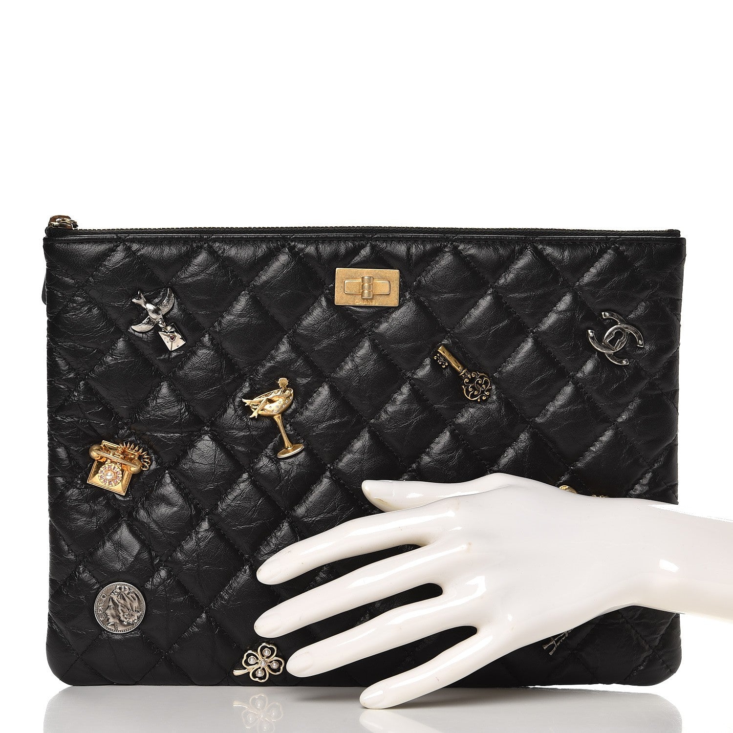 Chanel Aged Calfskin Quilted Medium Lucky Charms Cosmetic Case Black 2 of 8