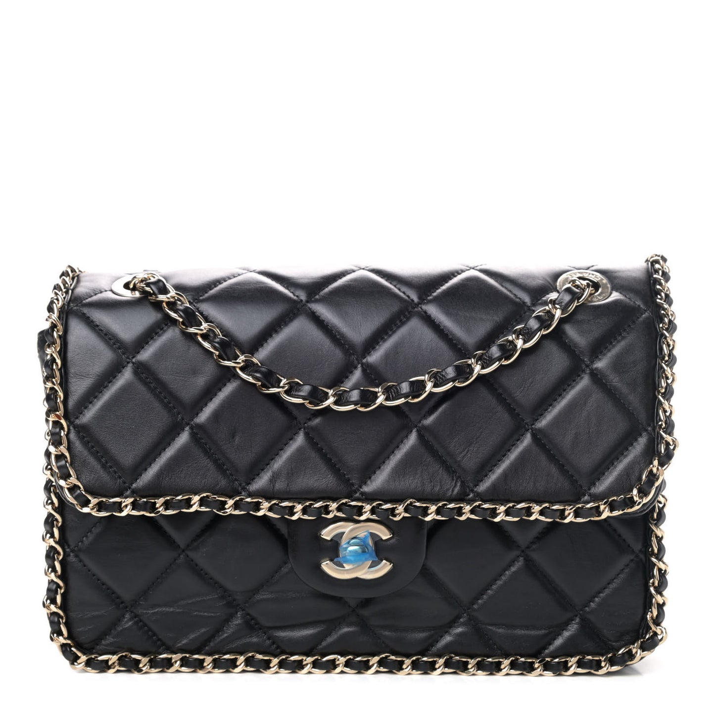 Crumpled Calfskin Medium Chain All Over Flap Black