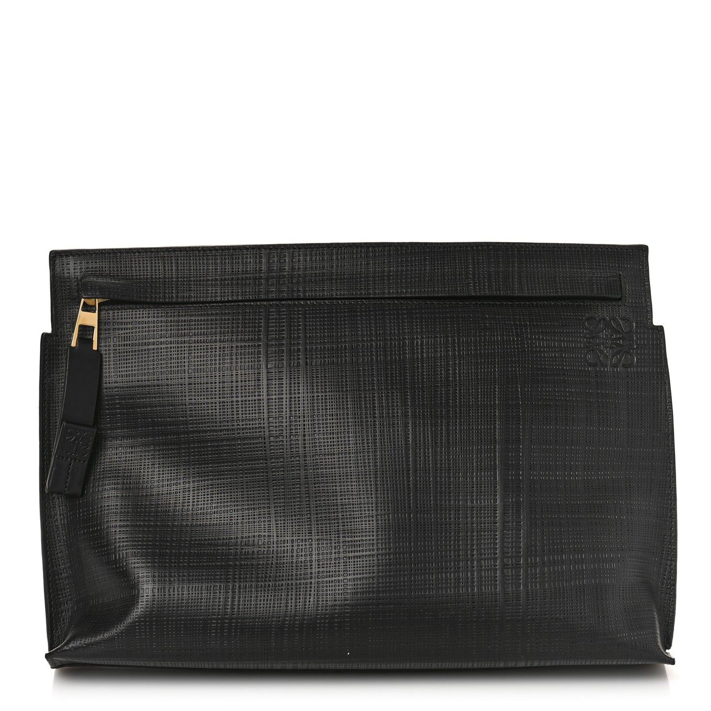 Calfskin Linen Embossed Large T Pouch Black