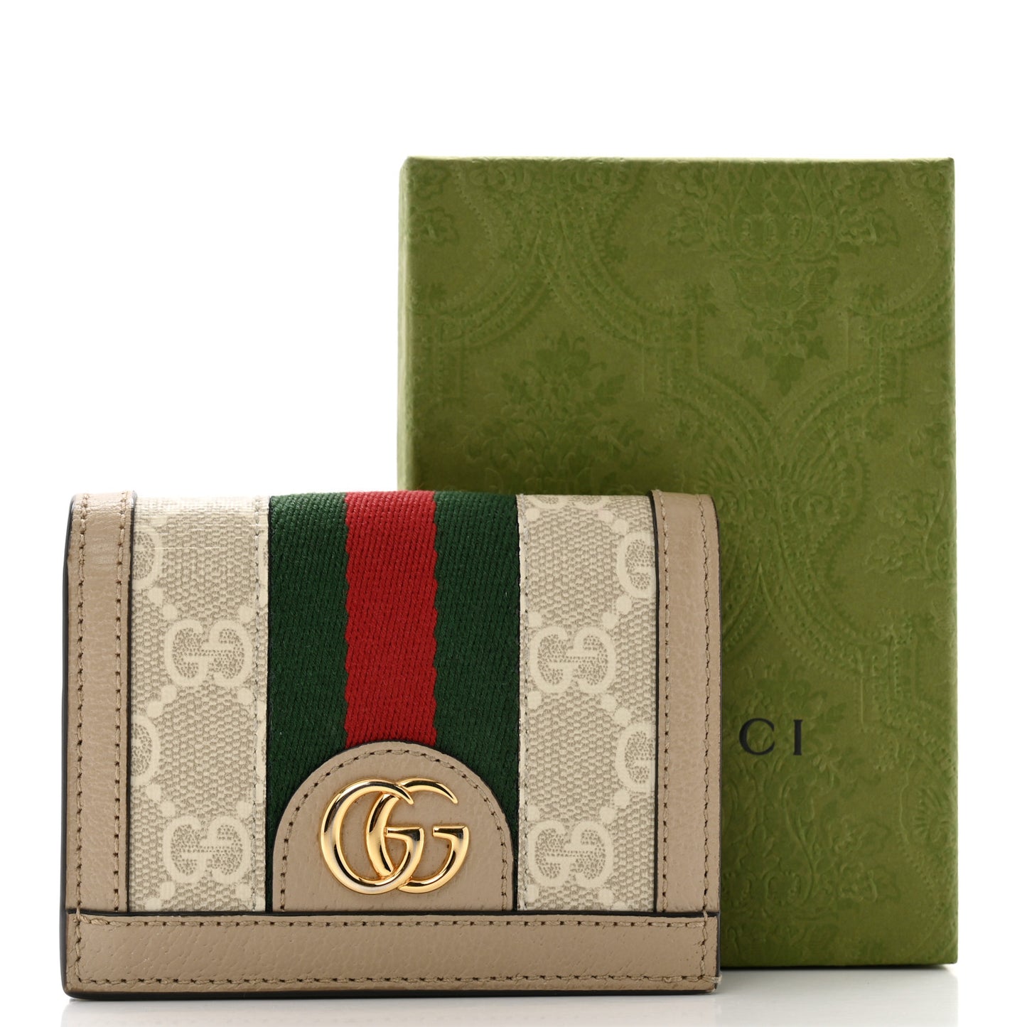 GG Supreme Monogram Textured Dollar Calfskin Web Ophidia Card Case Beige Mystic White Oatmeal