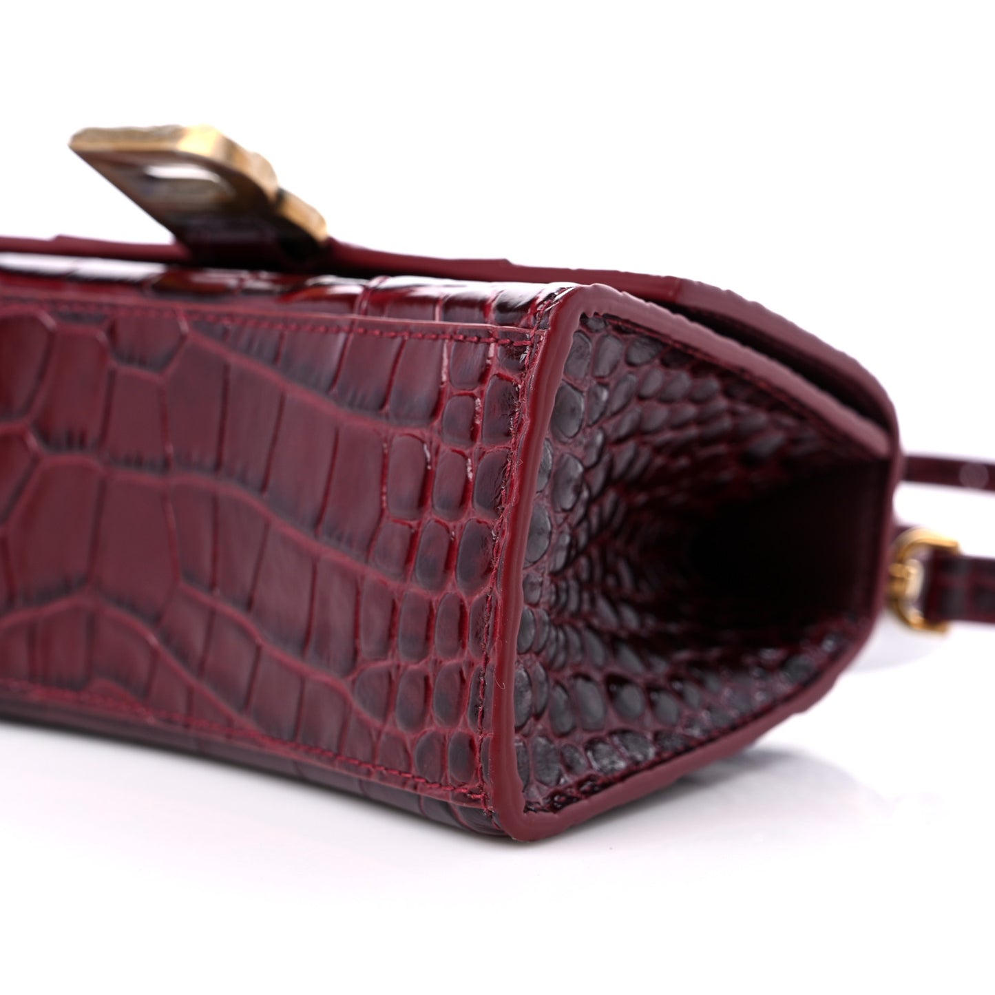Shiny Calfskin Crocodile Embossed Hourglass Top Handle Bag XS Dark Red