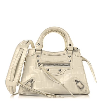 Balenciaga Semi Shiny Calfskin Crocodile Embossed Neo Classic Silver Hardware Mini City White 1 of 17