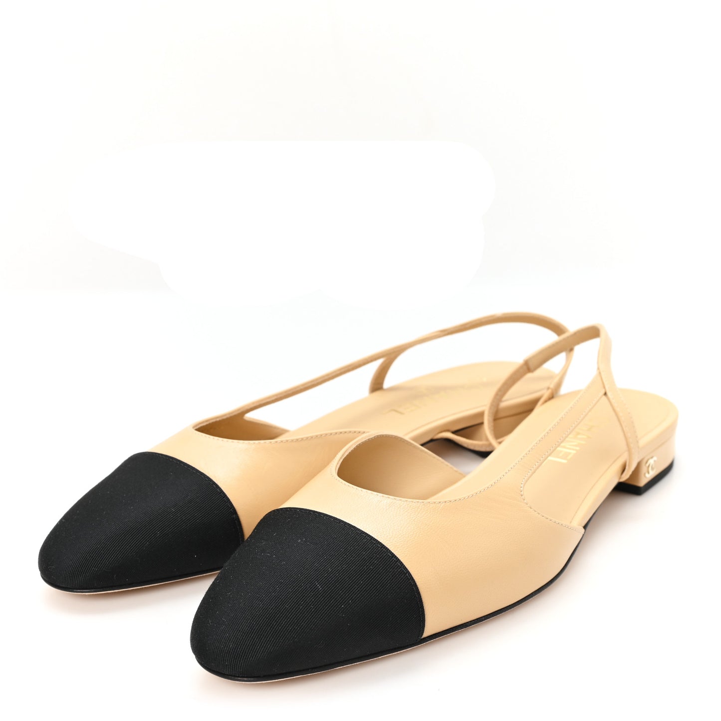 Lambskin Grosgrain Cap Toe CC Slingback Sandals 40 Beige Black