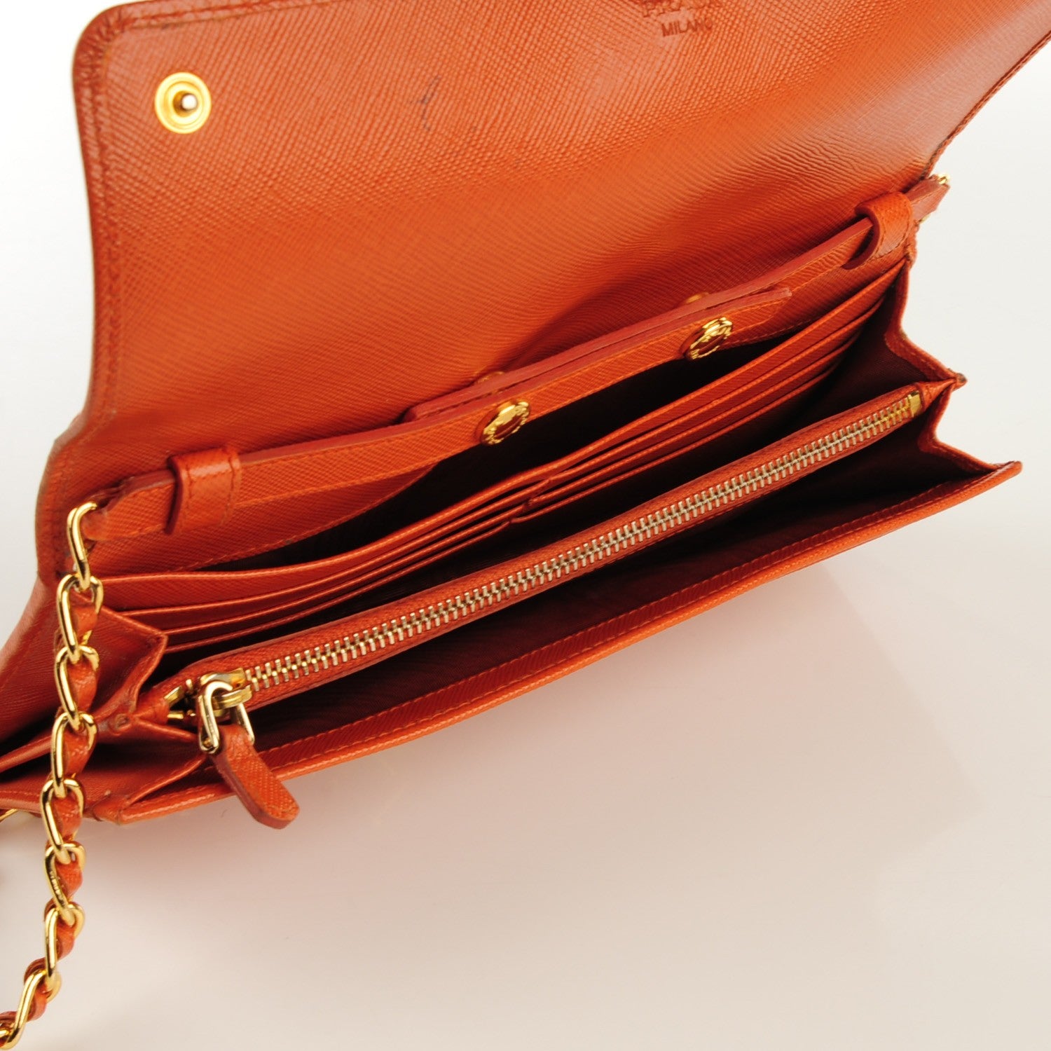 Prada Saffiano Metal Oro Chain Wallet Papaya 5 of 11