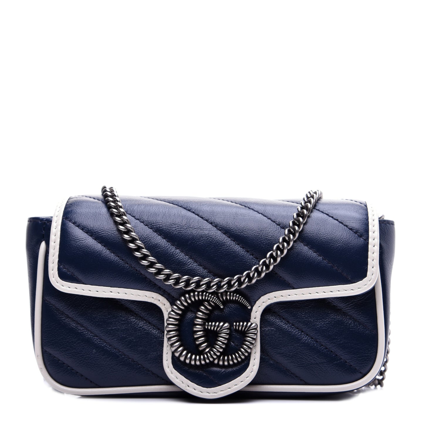 Vintage Effect Calfskin Matelasse Diagonal Super Mini Torchon GG Marmont Shoulder Bag Blue Agata Mystic White