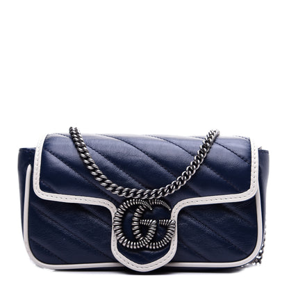 Gucci Vintage Effect Calfskin Matelasse Diagonal Super Mini Torchon GG Marmont Shoulder Bag Blue Agata Mystic White 1 of 15