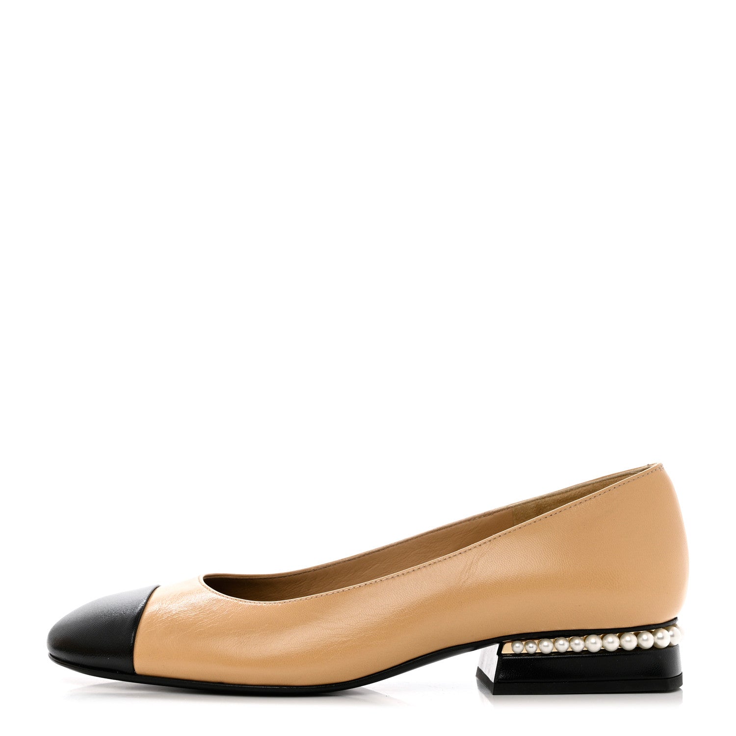 Chanel Lambskin Pearl Cap Toe CC Flats 38.5 Beige Black 1 of 10