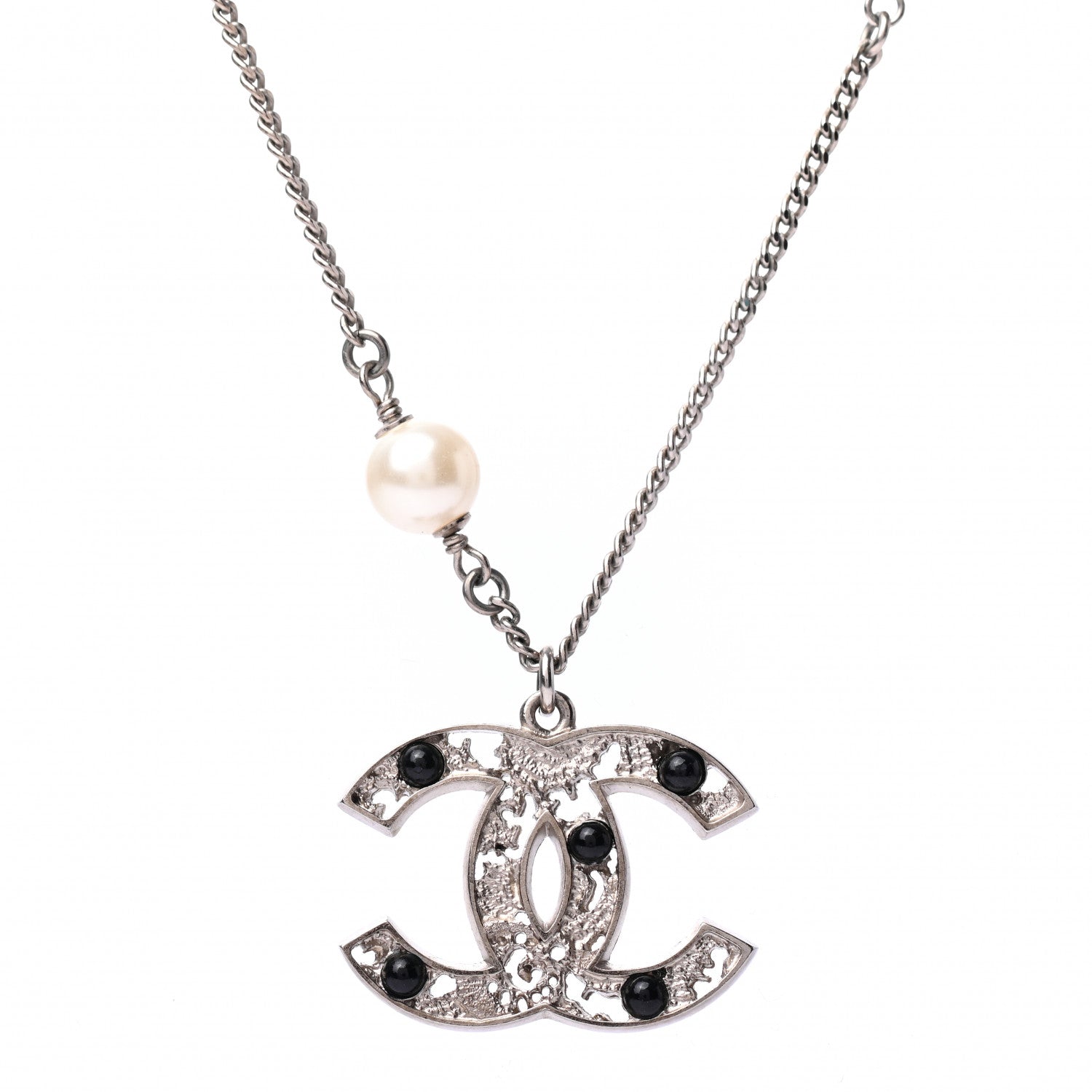 Chanel Pearl Resin Textured CC Necklace Silver Black 4 of 5
