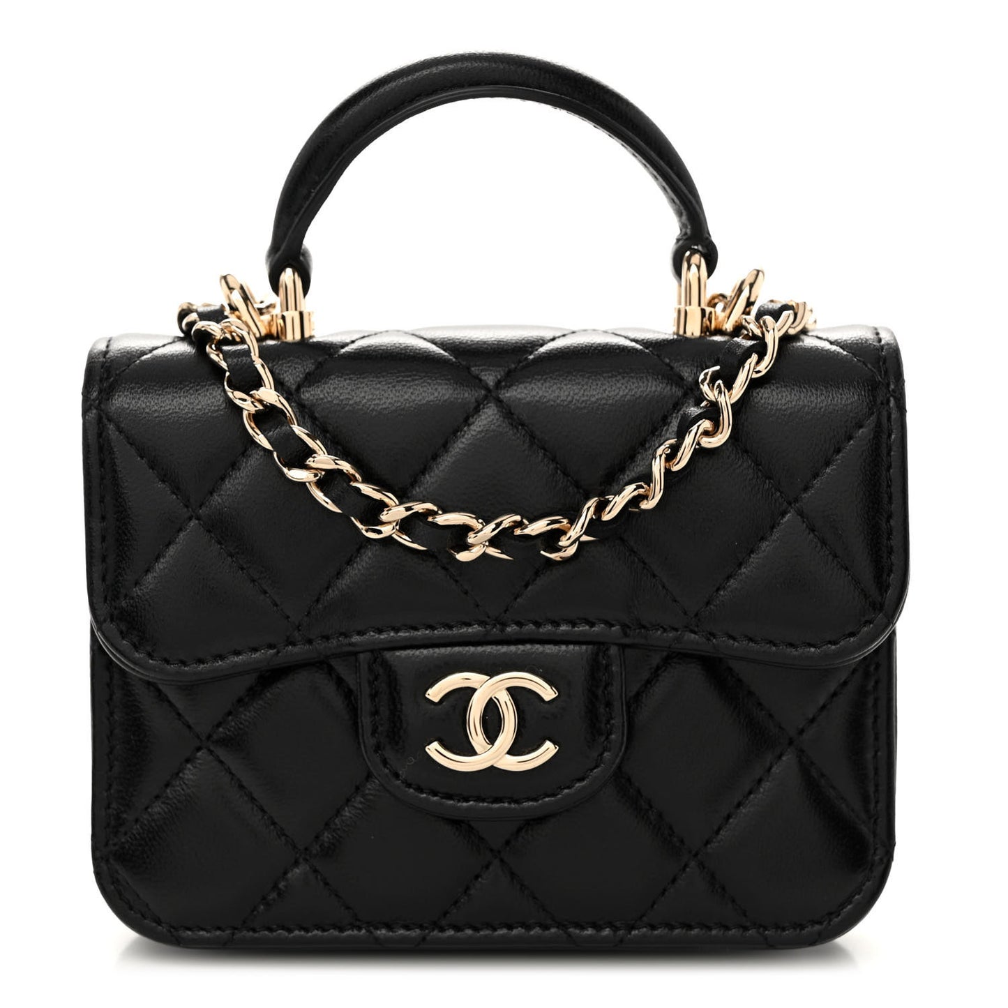 Lambskin Quilted Top Handle Flap Coin Purse With Chain Black