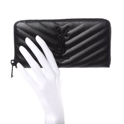Saint Laurent Grain De Poudre Matelasse Chevron Monogram Zip Around Wallet Black 2 of 8