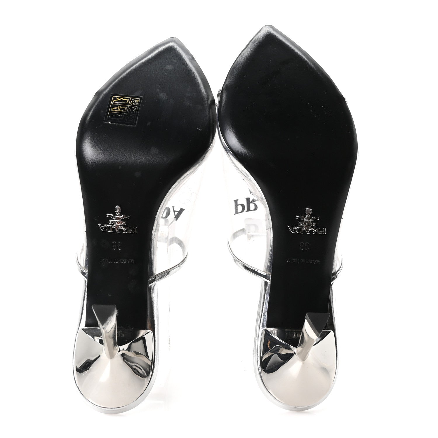 Prada Plexiglass Metallic Calfskin Metal Triangle Logo 75mm Slide
