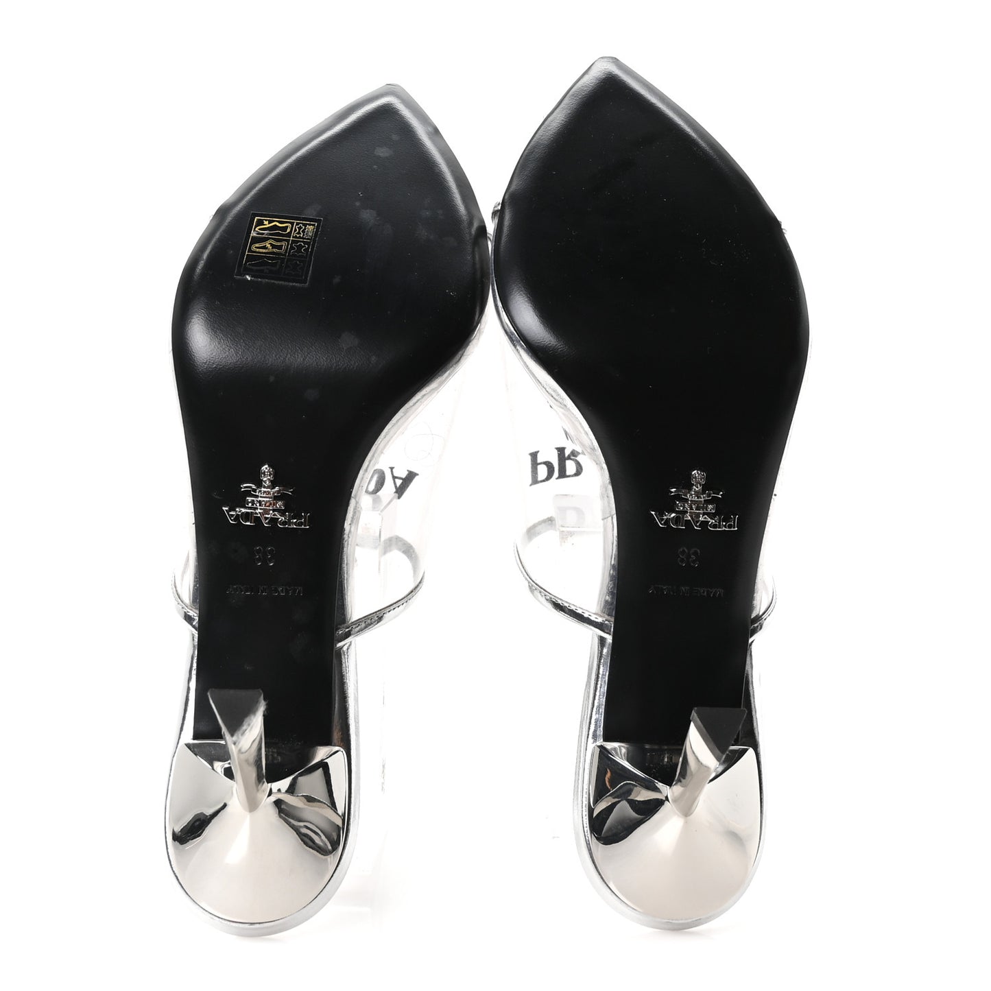Plexiglass Metallic Calfskin Metal Triangle Logo 75mm Slide Sandals 38 Argento