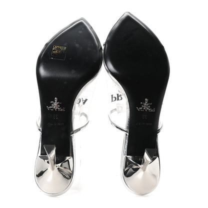 Prada Plexiglass Metallic Calfskin Metal Triangle Logo 75mm Slide Sandals 38 Argento 6 of 8