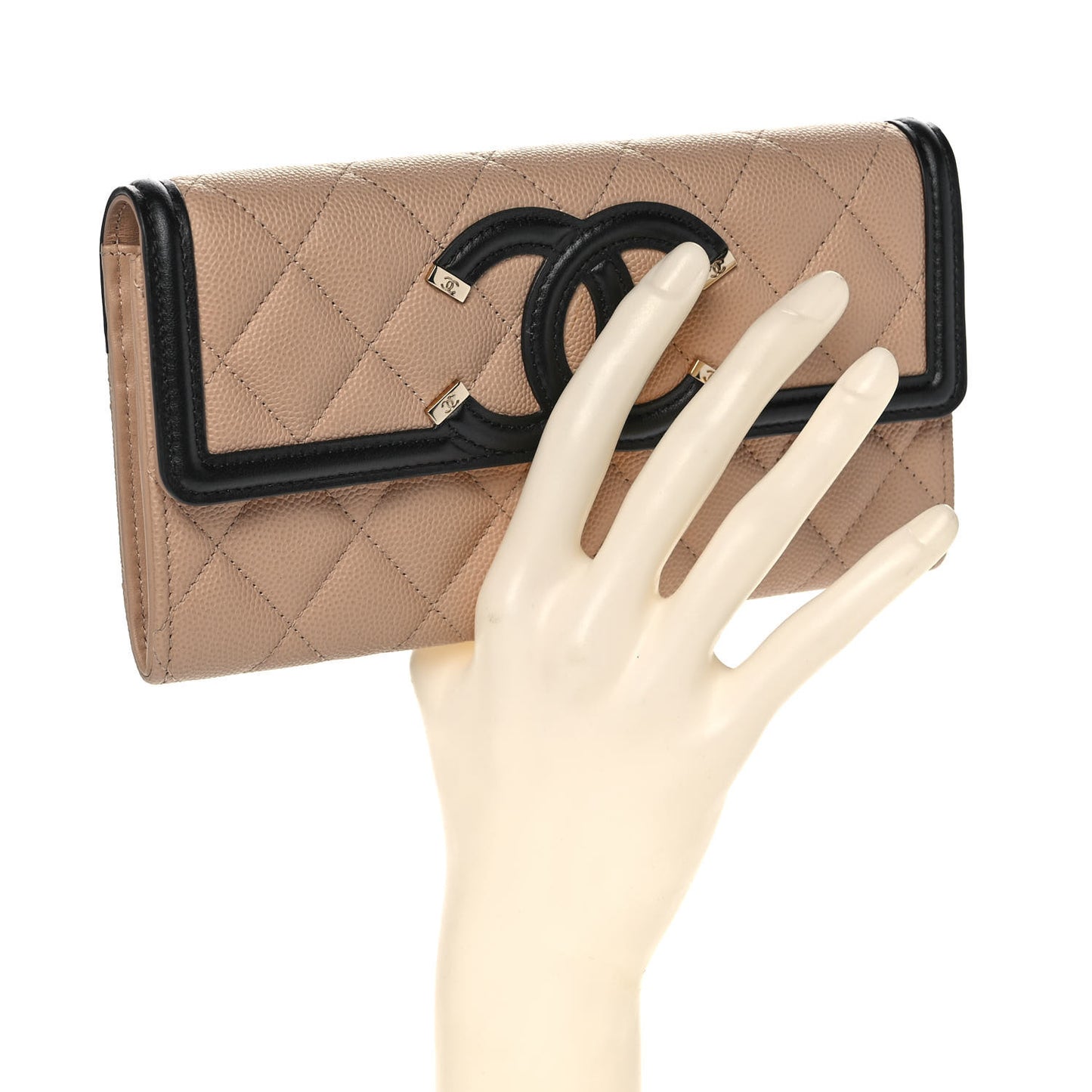 Caviar Quilted Filigree Flap Wallet Beige Black